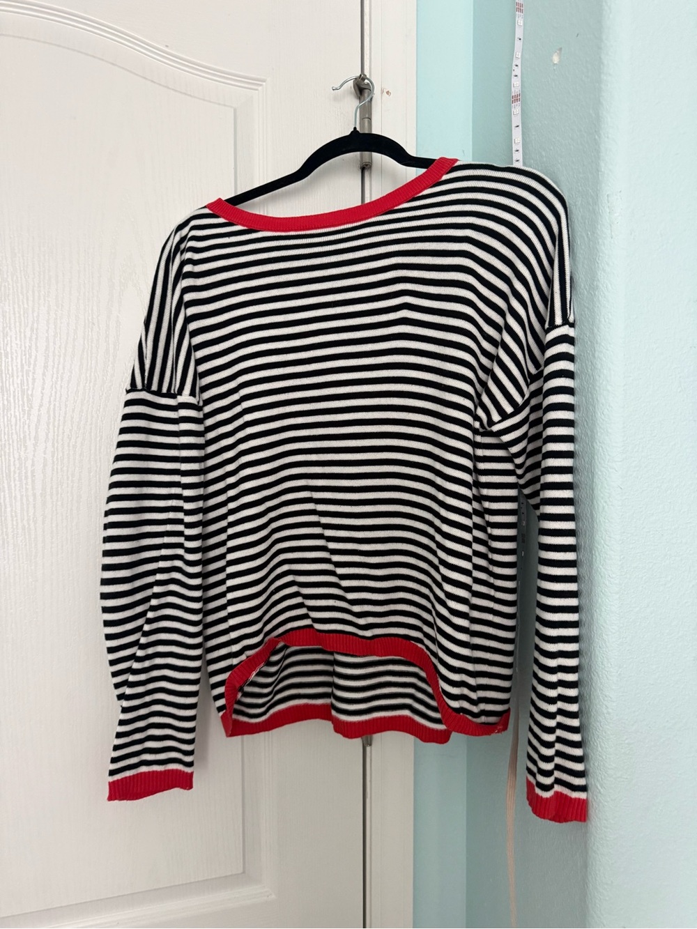 Amazon Black & White Striped Sweater with Red Trim
